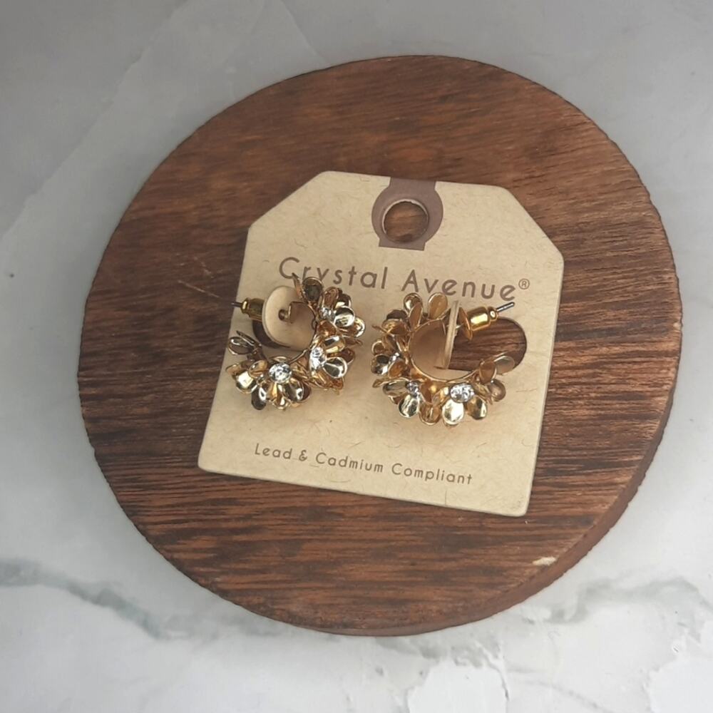 Crystal Avenue Gold-Tone Floral Cluster Hoops Clear Rhinestone Centers